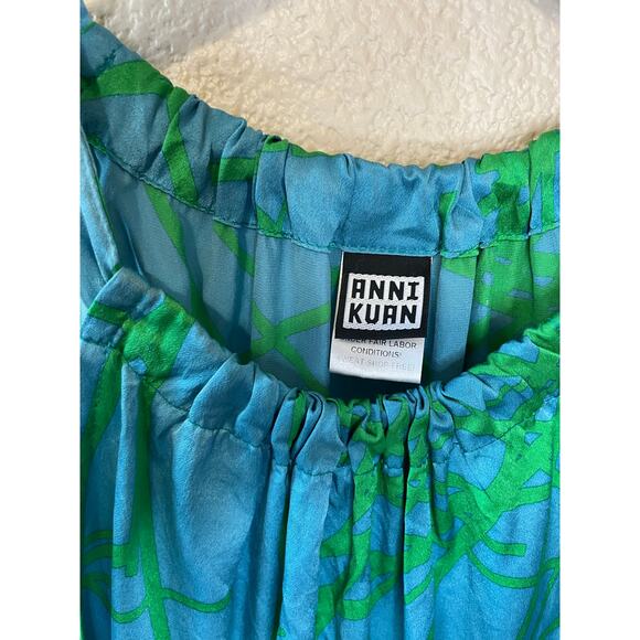 Anni Kuan Blue & Green Tropical Print High Neck Silk Tank/ Blouse Y2K Medium - Picture 3 of 9